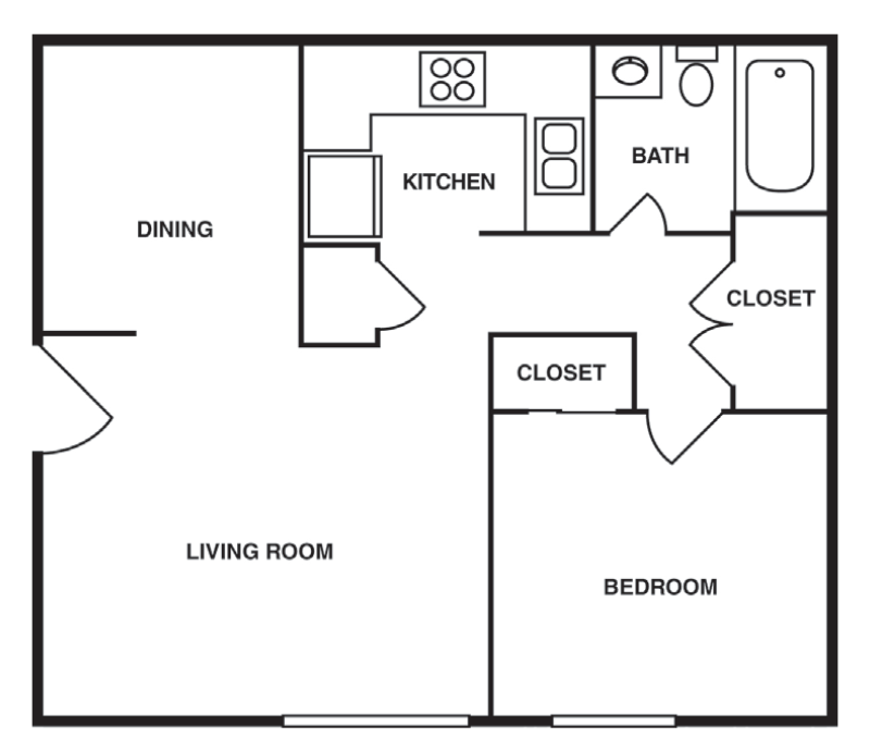 Floor plan for 1 bed, 1 bath, 572 sqft
